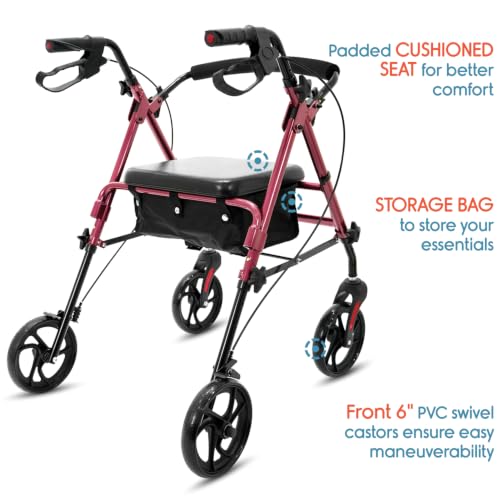 Image of Kosmocare Folding Rollator Walker with Seat & Removable Back Support | Walker for Old People with Wheels | Lightweight Walkers for Seniors | Medical Walker for Old People