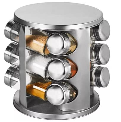 Porta Tempero e Condimento Suporte Giratório Redondo Inox 12 Potes de Vidro + Etiquetas + Canetinha