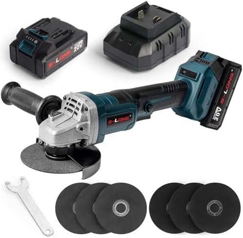 S-LONG Cordless Angle Grinder with 4.0AH Battery, 20V Power Angle Grinder Tools with Fast Charger, 9000 RPM Brushless Motor Metal Grinder, 4-1/2'' Cutting Wheels, Flap Disc for Cutting