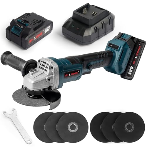 S-LONG Cordless Angle Grinder with 4.0AH Batterie, 20V Power Angle Grinder Tools with Fast Charger, 9000 RPM Brushless Motor Metal Grinder, 4-1/2” Cutting Wheels, Flap Disc for Cutting