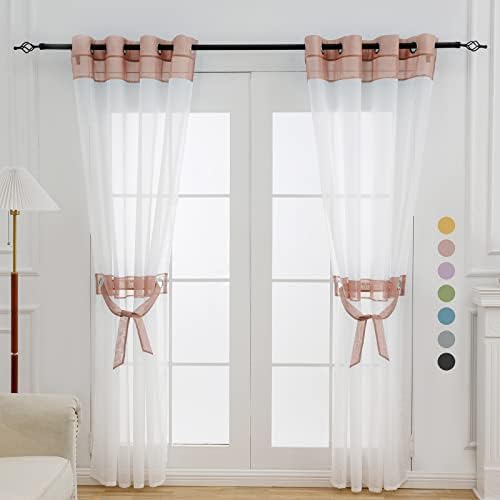 L.Z.E Sheer Curtains 84 Inches Long 2 Panels Set, Pink Curtains for Living Room Bedroom Window Curtains with Tiebacks for Semi Sheer Curtains Grommet Top Home Decoration (56" W x 84" L Pink)