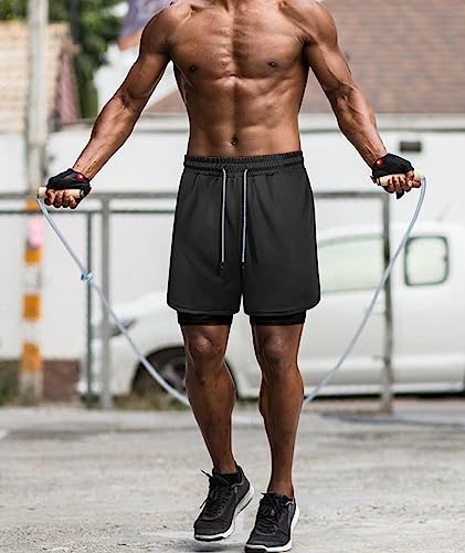 Fasker Mens Workout Shorts, 2 In 1 Mesh Quick Dry Athletic Shorts 7" Gym Yoga Running Shorts With Pockets,Black,M #TOP4