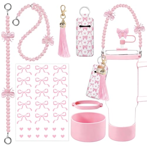 Image of House of Quirk 6 Accessories Set Silicone Straw Cover, Cup Boot, Handle Chain, Handle Strap, Sticker 40oz & 30oz Tumbler (Bow Pink, Tumbler Not Included)