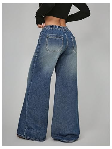 OYOANGLE Women's Elastic Waist Jeans Casual Loose Fit Wide Leg Low-Rise Denim Baggy Jeans with Pocket2