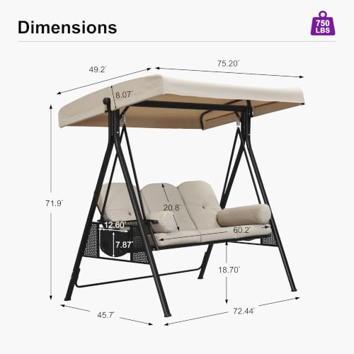 Image of PURPLE LEAF 3-Seat Porch Swing Outdoor w /Cushion & Canopy, Cream Beige