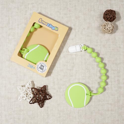 Image of Baby Tennis Silicone Teether Toy with Pacifier Clip,BPA Free