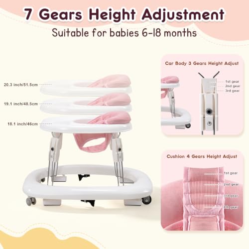 Image of Baby Walker with Wheels, One-Touch Foldable Walker & 7‑Level Height Adjust