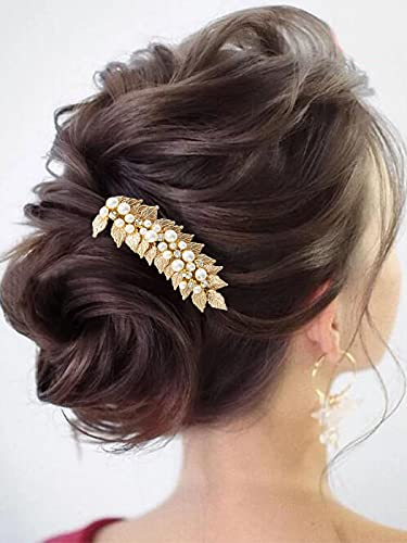 Catery Leaf Bride Wedding Hair Comb Crystal Pearl Hair Pieces Bridal Side Combs Hair Accessories for Women (Gold)