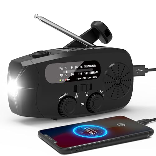 Greadio 2025 多機能防災ラジオ 小型 携帯ラジオ 充電式 2000mAh/7400mWh非常用ラジオ 手回し充電/USB-TypeC充電/ソーラーラジオ 3つの充電方法 AM/FM対応 震災 津波 台風などの緊急事態のため 防災グッズ LED 懐中電灯 防水 ポケットラジオ（ブラック）