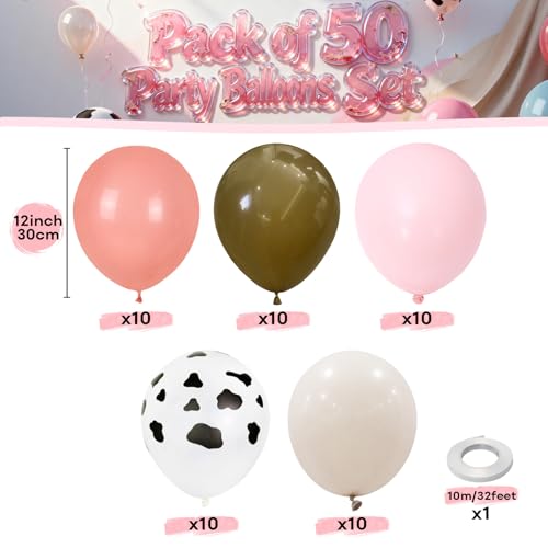 Image of Cowgirl Balloons Dusty Pink Brown Cow Print Balloons Light Pink Khaki Tan Coffee White Sand Nude Balloon Set for Western Cowboy Girls Farm Rodeo Rustic Baby Shower Birthday Party Decorations