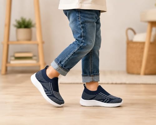 Image of Kids Navy Blue Knit Slip-On Sneakers for Boys | Lightweight Breathable Casual Walking Shoes with Geometric Pattern & Cushioned Sole