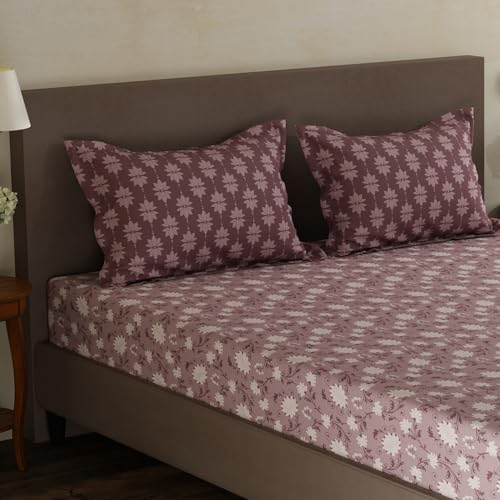 Image of Layers 100% Cotton Double Size Bedsheet Set | Brown Floral Print | 120 TC Forever Collection | Soft & Breathable | Washable Bedsheet with 2 Pillow Covers | All Season