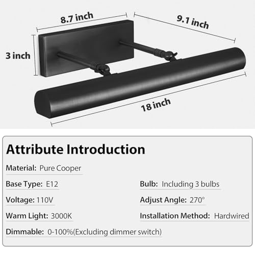 Black Picture Light, 18inch Hardwired Picture Lights, Rotatable Picture Lights for Wall, Wall Lights for Pictures, Linear Art Light for Wall Painting Display Artwork Portrait