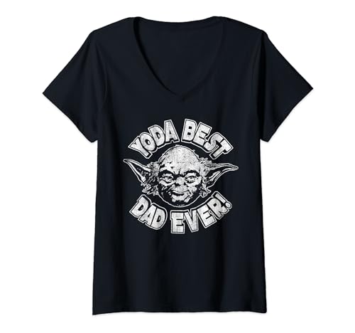 T-shirt Star Wars femme col en V imprimé Yoda Best Dad Ever en coton gris et noir