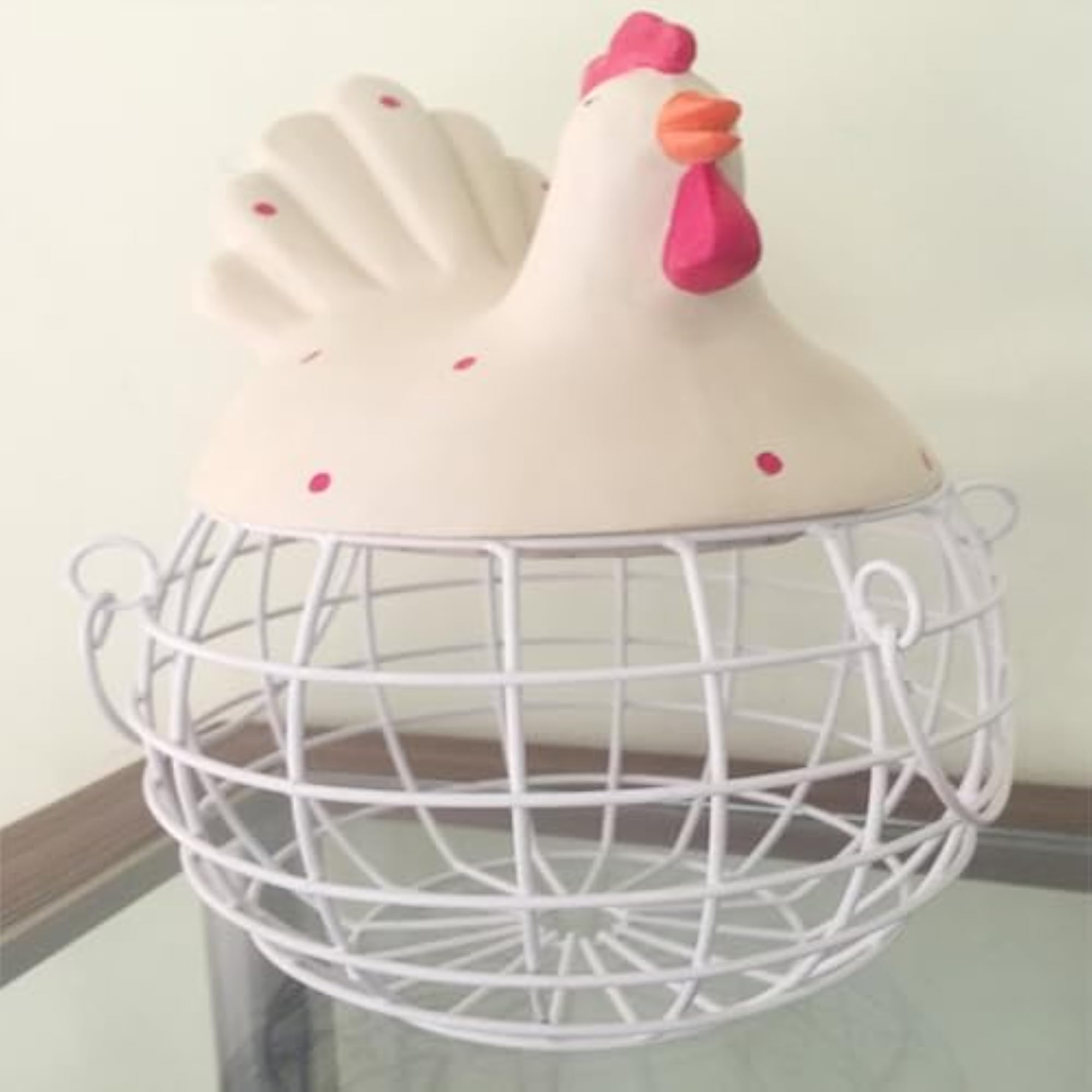 Decorative Rooster Storage Basket, White Metal Wire with Hand-Painted Top