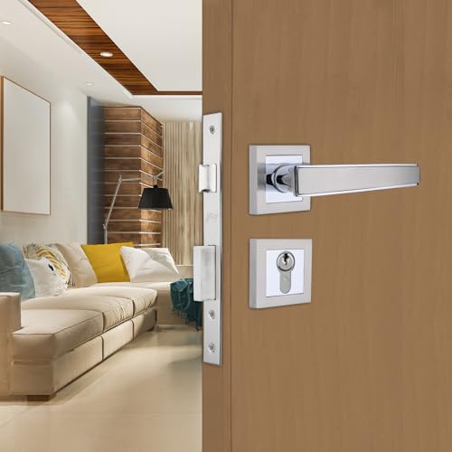 Image of Godrej Mortise Lock | Handle Lock Set for Main & Internal Doors | NEH 06 Home Decor Handle | Satin Steel Finish | 9 Inch Lockbody | 60mm 1CK Cylinder Knob from Inside Key Outside | 3 Keys