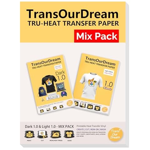 TransOurDream Heat Transfer Paper for Dark and Light Fabric (10+2 Sheets, 8.5x11", Mix Pack) Printable HTV Heat Transfer Vinyl for T Shirts Iron on Transfers for Inkjet Printer (D1L1) Cover