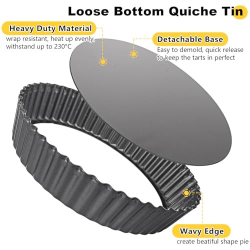 2Pcs Deep Quiche Tins with Loose Base, 26cm 10" Non Stick Tart Tins Fluted Flan Tin with Loose Bottom, Carbon Steel 5.5cm Deep Pie Pan Quiche Dish for Baking, Black - Image 6