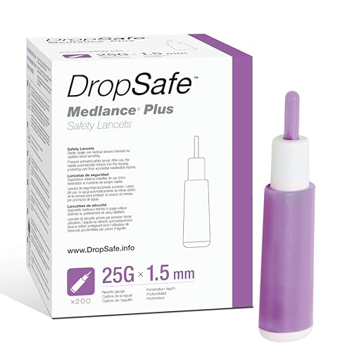 Dropsafe Medlance Plus Safety Lancet, Lite, 25 Gauge, 1.5mm, Pressure Activated for Gentle Blood Glucose Testing, Sterile, Single-Use, 200ct Box