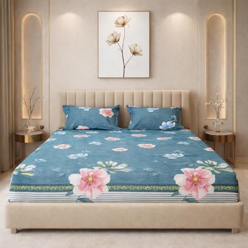 Image of THEA Elastic Fitted Double Bedsheet Set| 100% Cotton Like Soft Fabric | Double Bedsheet for Double Bed (72 X 78 x 6 inches) with 2 Pillow covers,Royal Teal Flora