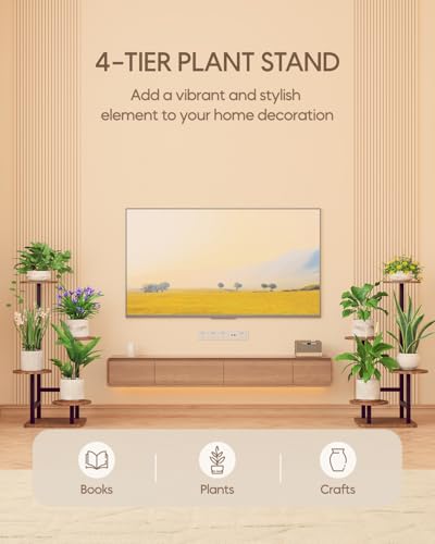 Image of Homsorout Plant Stand Indoor - 4 Tiered Indoor Plant Stand, Metal Plant Shelf Plant Holder, Ideal for Living Room, Garden, Patio, Balcony (Black Brown)