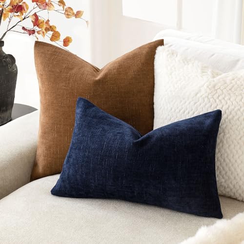 Image of Foindtower Pack of 2 Soft Textured Throw Decorative Pillow Covers Lumbar Accent Solid Cushion Cover Cozy Farmhouse Pillow Case with Zipper for Couch Sofa Bedroom Living Room 12x20 Inch, Navy