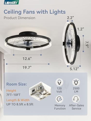 Image of LEDIARY Ceiling Fans with Lights, Low Profile Flush Mount Ceiling Fan, Dimmable LED, APP & Remote Control, Quiet Reversible DC Motor, 6 Speeds, Fandelier for Bedroom (Black, 19.7 inch)