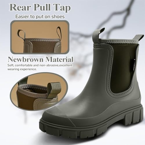 SmoothPace Gummistiefel Damen Gefüttert Wasserdicht Gummistiefeletten Halbhohe Chelsea Boots Rutschsicher Abriebfest Atmungsaktiv Regenschuhe Komfort Garten Stiefeletten Green 39EU