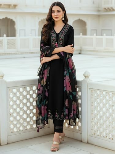 Image of INDO ERA Women's Silk Blend Embroidered A-Line Kurta & Pant with Dupatta Set