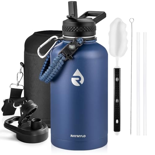 Image of RAYMYLO Insulated Water Bottle 64 oz, Triple Wall Vacuum Stainless Steel (Cold for 48 Hrs), Leak Proof & Non-BPA, Half Gallon Water Flask Jug with Paracord Handle & Straw Spout Lids, Navy Blue