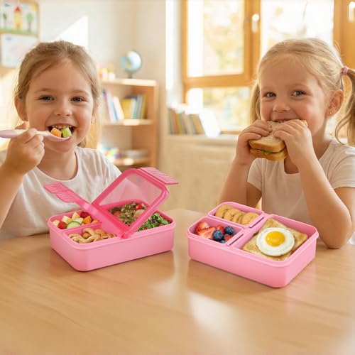 Image of WyfKyd 2PACK Snack Box Container Set for Kids Adults Food Bento Lunch Box | 2PACK Snack Box Container for Kids Adults Reusable Bento Lunch Box with 3 Compartents for Office,School,Travel,Outdoor Pink