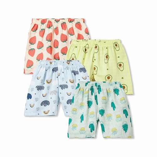 Image of The Boo Boo Club Muslin GOTS Certified Organic Cotton Short for Boys | Multi Colour Combo Pack | Colour Muslin Shorts | Pack of 4 Shorts | Summer Wear | Multi Print | Animal & Fruit Print