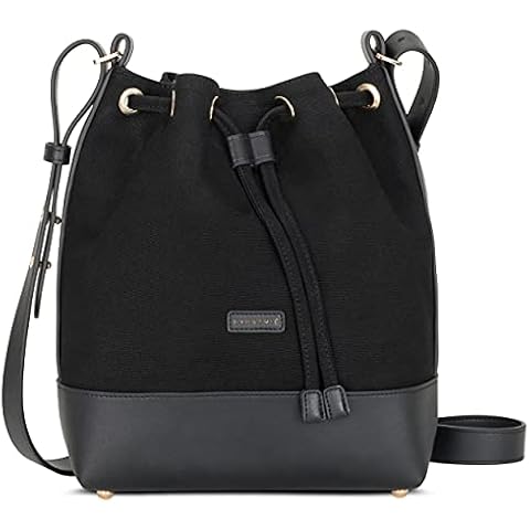 Women's Handbag Black - Expatrié Lily Bucket Bag Small - Cotton Canvas and Vegan PU Leather - Shopping, Office, Leisure - Crossbody Shoulder Bags Cover