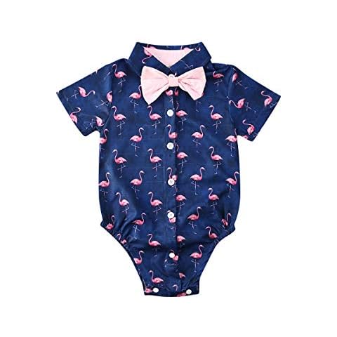 Andannby Toddler Baby Boys Flamingo Rompers Bow-Tie Button-Down Bodysuit Casual Clothes (Blue Flamingo, 12-18 M) Cover