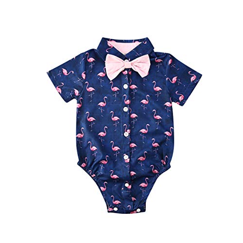 Toddler Baby Boys Flamingo Rompers Bow-Tie Button-Down Bodysuit Casual Clothes (Blue Flamingo, 3-6 M)