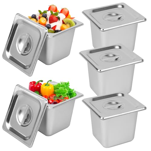 Image of 5 Pack, 1 /6 Size Stainless Steel Steam Table Pan with Lid, 6 Inch Depth Hotel Pans for Weddings, Parties, Restaurants, Cafeterias and Hotels
