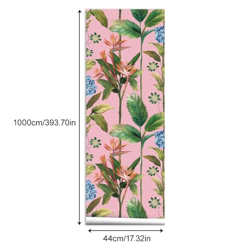 JiffDiff Tropical Jungle Pink Wallpaper Peel and Stick Boho, Floral Self Adhesive Wall Paper, Removable Flower Botanical Green Leaf Contact Paper for Bedroom Cabinet Decorative 480" X17.3" by JiffDiff - Used condition - Image 9