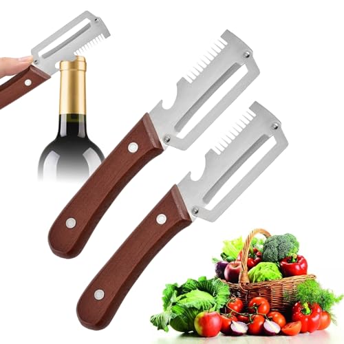 Wooden Handle Peeler Stainless Steel Vegetable Peeler with Wooden Handle Multi-Functional Vegetable Peeler 2 in 1 Peelers for Kitchen & Built-in Bottle Opener Easy to Use & Clean (C-2pc)