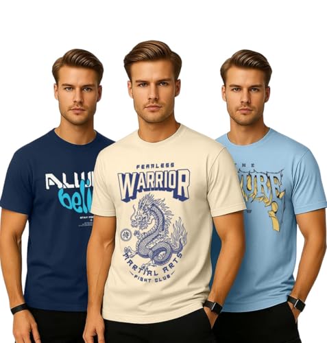 Image of Veirdo Pure Cotton Regular Fit AestheticGraphic Printed Round Neck Half Sleeve T-Shirt Pack for Men (Combo of 3) (Green,Red,Swanwhite,Black,Navy Blue,White,Brown,Royal Blue)