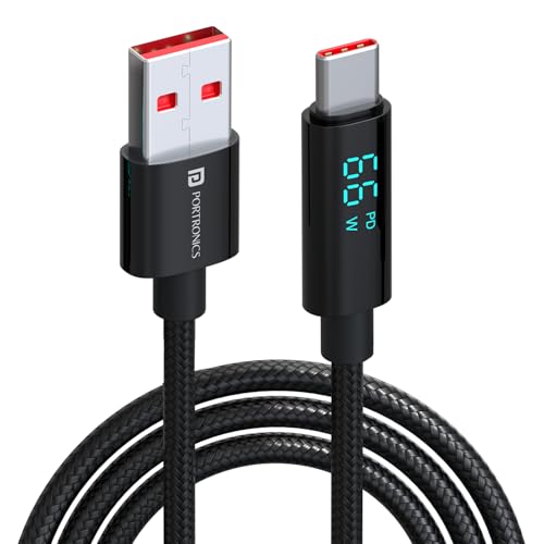 Image of Portronics Konnect View 66W Type C Cable with LED Display 6.5A Output, Nylon Braided, Fast Data Sync, 1.2M Length, Tangle Resistant(Black)