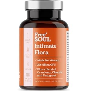 Intimate Flora for Women | 20 Billion CFU Fortified with 15,000mg Cranberry, Fenugreek & Chlorella | Bio Cultures for Women’s Intimate Flora | 60 Capsules | Free Soul