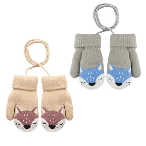 Solivive 2 Paires de Moufles Bébé Tricoté,Gant Enfant Chaud avec Cartoon Mignon Gloves, moufle bebe,Doublure en Fourrure et Corde Anti-Perte pour Enfants Garçons...