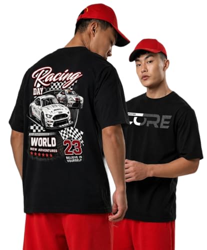 Image of Khakey Men's F1 Racing Graphic Printed Black T-Shirt | Formula 1 Back Print Drop Shoulder Tee | Motorsports Car Print Tshirt for Men & Women | Cotton Streetwear Tee's | Unisex Fit