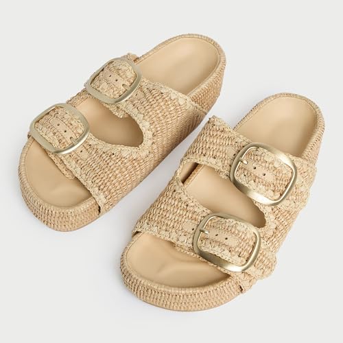 Arqa Raffia Platform Sandals for Women Open Toe Natural Straw Footbed Slides Comfortable Casual Adjustable Buckle Strap Woven Flatform Sandal Summer Beach Wedge Heel Slippers2