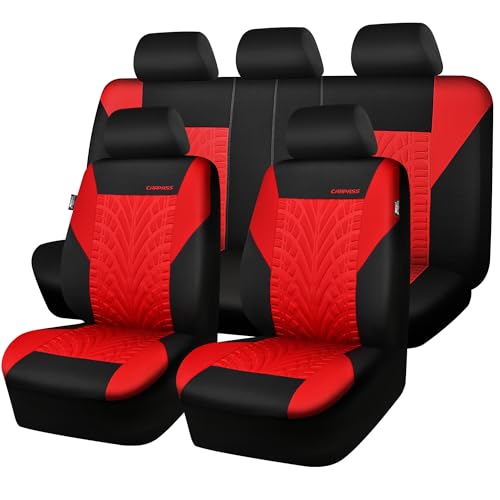 Image of CAR PASS Car Seat Covers Full Sets, Front & Split Rear Bench for Car, 3D Tyre Embossed Automotive Interior Covers, Airbag Compatible, Quick Setup Universal Fit Seat Covers for Car, SUV(Black Red)