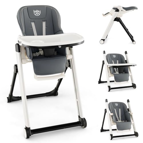 Image of BABY JOY Foldable High Chair for Babies & Toddlers - 7 Heights, 5 Recline Positions, Adjustable Footrest, Removable Double Tray & Cushion, Portable with Wheels (Dark Gray)
