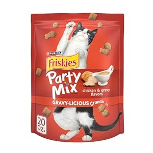 Purina Friskies Cat Treats, Party Mix Gravy-licious Crunch Chicken and Gravy Flavors – 20 oz. Pouch