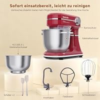 SUNCOK Küchenmaschine 1500W, Display, 12 Stufen, 2x Edelstahlschüsseln 4,5/5,5L, Heizfunktion, Waage, Timer, leise, 3 Rühreinsätze + Spritzschutz (B03B, B03B-Rot) – Ansicht 9