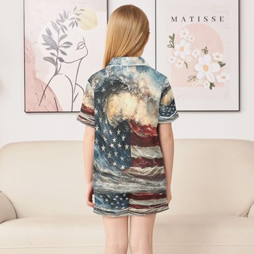 ALAZA American Flag Sea Wave Satin Pajamas Set Short Sleeve Button Down Sleepwear Summer Pjs 2 Piece4