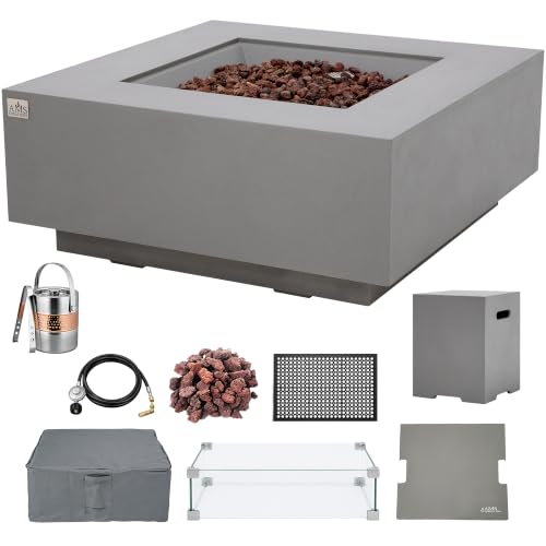 Image of AMS Creations | Brooklyn 40 inch Bundle Square Propane Gas Outdoor Fire Pit Table | Light Gray Concrete GFRC Smooth Texture Surface Fire Pit Table